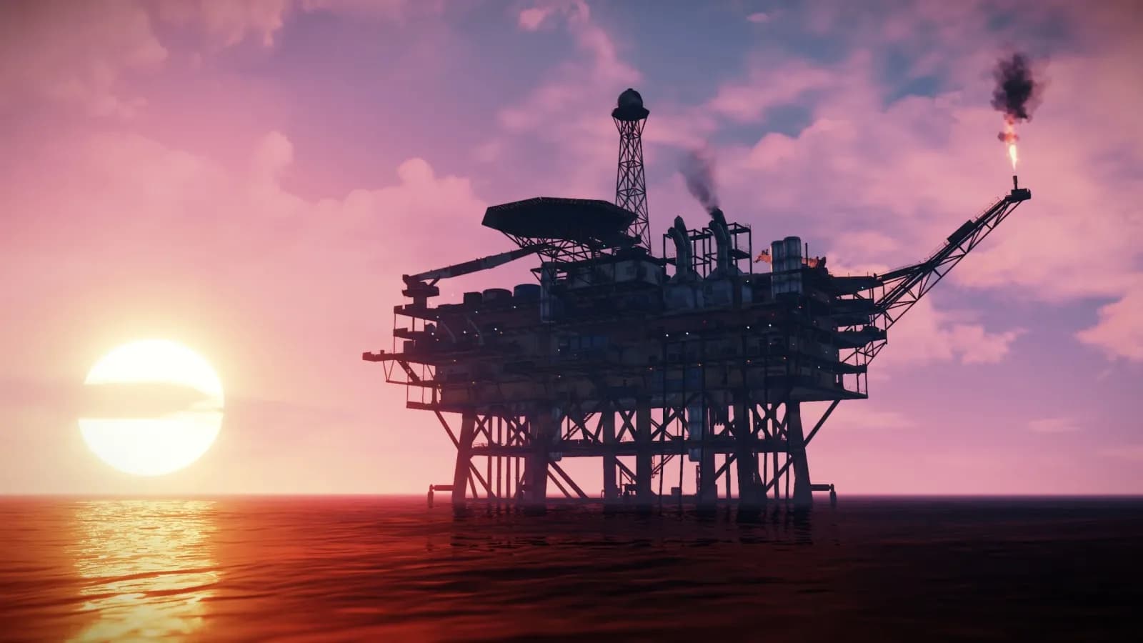 Команда на нефтяной вышке в Rust на закате